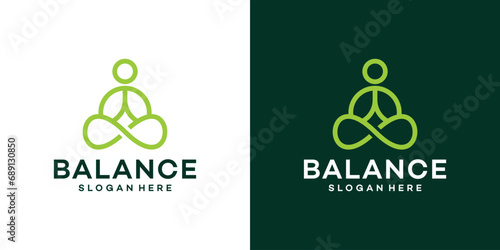 Meditation therapy logo design template. Yoga person logo and infinity balance with line art style design graphic vector illustration. Symbol, icon, creative.
