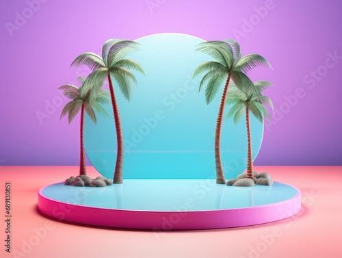 Tropical product placement podium stage with summer beach palm tree, vibrant color, ultra realistic © YamunaART
