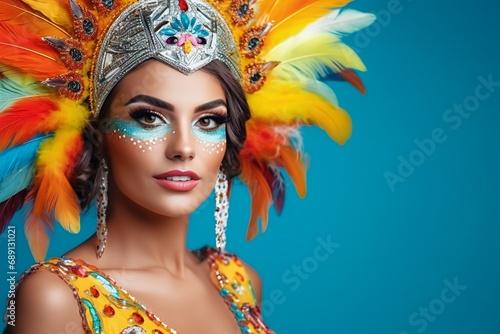 Beautiful brazilian woman in brazilian carnival costume on bright background, horizontal banner, empty space