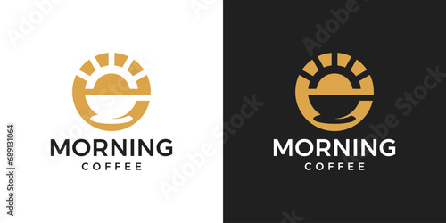 Morning coffee logo design template. Coffee cup with sun design graphic vector illustration. Symbol, icon, creative.