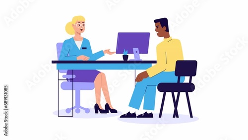 Manager and a Client animation. Bank service, finance, credit, deposit consult. Worker Receptionist Providing information to customer, Financial consultation. HR recruiting or hiring employee