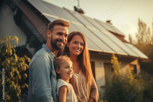Happy family standing in front of a house with solar panels on roof. Green, renewable and clean energy photo