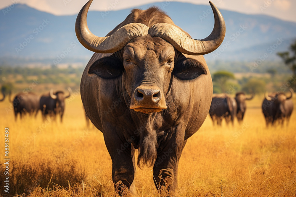 African buffalo in savanna, National Reserve created with Generative Ai African buffalo in savanna, National Reserve created with Generative Ai