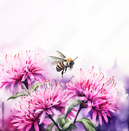 Watercolor Pink Bee Balm or Monarda Background with Copy Space photo
