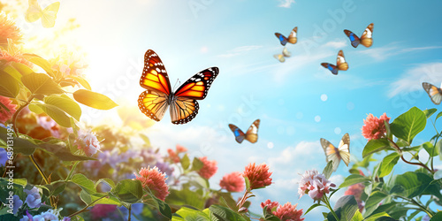 Butterfly with beautiful flowers, nature background with butterflies,Butterfly flying over a garden - Monarch butterfly - Spring beautiful background of butterflies and flowers,blue sky. Copy space