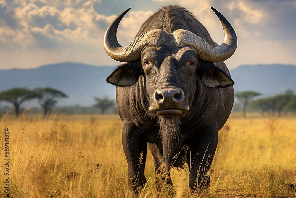 Obraz premium African buffalo in savanna, National Reserve created with Generative Ai