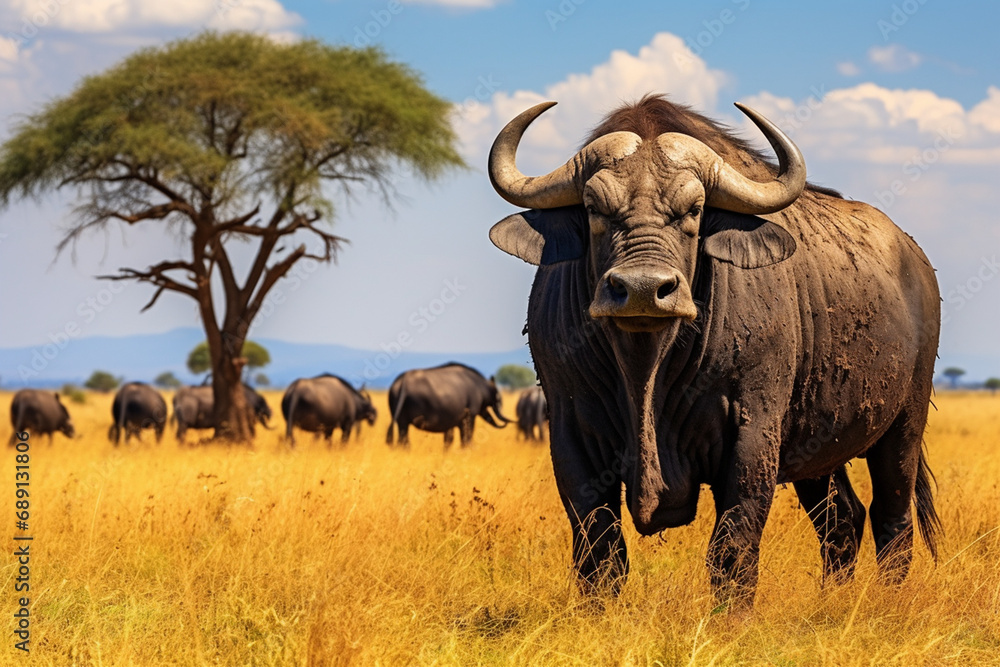 African buffalo in savanna, National Reserve created with Generative Ai African buffalo in savanna, National Reserve created with Generative Ai