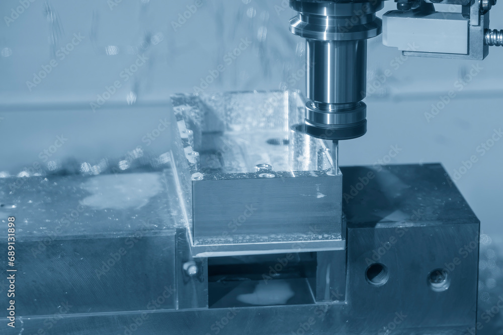 The CNC milling machine finish cut aluminum box part by solid flat end mill tool. The CNC milling machine finish cut aluminum box part by solid flat end mill tool.