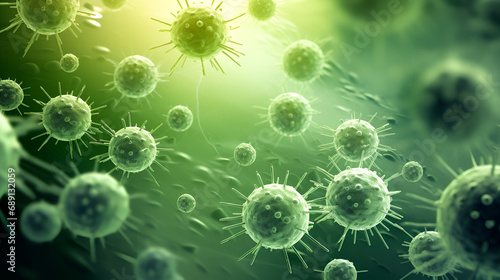 bacteria background. Microbiology, medicine scientific.green bacteria or virus, virus or germs for medical concept, viral disease epidemic,Microscopic Marvels: Mold Spores,Close-up of green cells. 