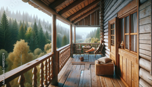 Cabincore photo of a young  girl resting in the balcony of a rustic countryside cabin in the forest