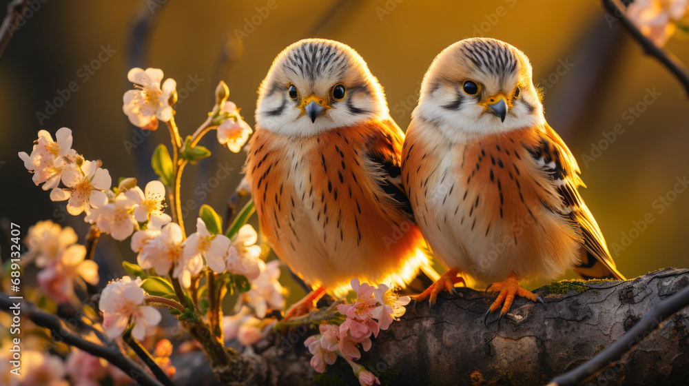 Pair of young Kestrels Perched on a Blossoming Branch in Spring