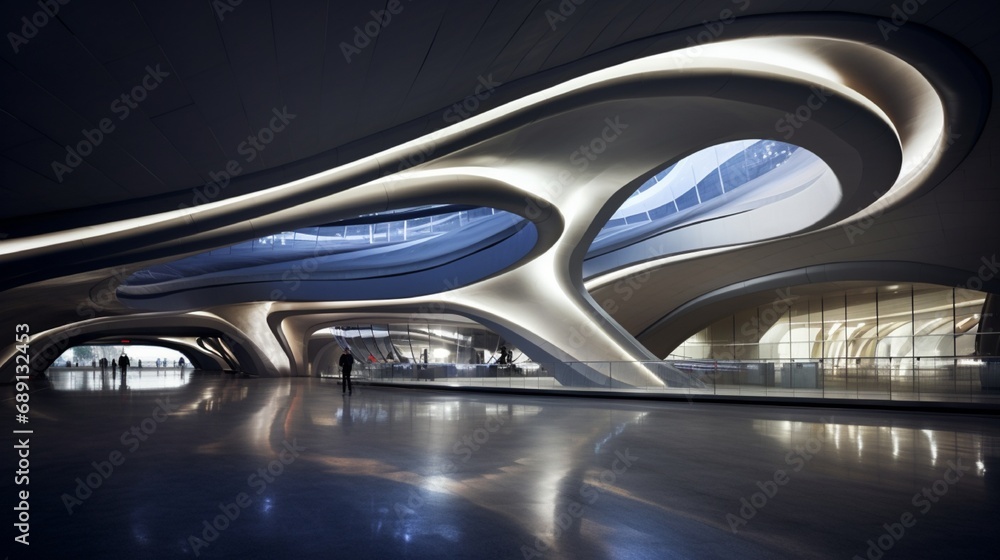 A futuristic transportation hub with a sweeping, metallic ceiling that mimics the flow of movement, illuminated by sleek, linear lights