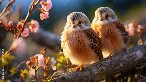 Pair of young Kestrels Perched on a Blossoming Branch in Spring © KAI