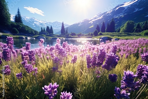 Summer landscape. Wildflowers by the river in the field. Mountains in the background. Generative AI Art. Beautiful view.