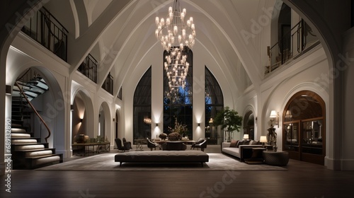 A grand foyer with a high, vaulted ceiling featuring a large, modern chandelier and indirect cove lighting photo