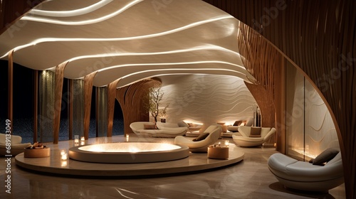 A high-end spa lounge with a serene, curved ceiling design, featuring recessed mood lighting for relaxation