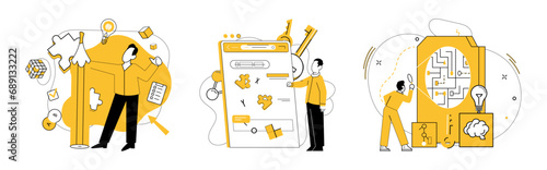 Business thinking vector illustration. The symphony success is orchestrated by harmonious notes business thinking Strategy and analysis build bridges over river challenges in business thinking