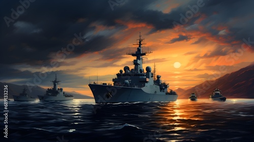 Twilight Tranquility Navy Ships Illuminate the Calm Seas in a Stunning Dusk Display