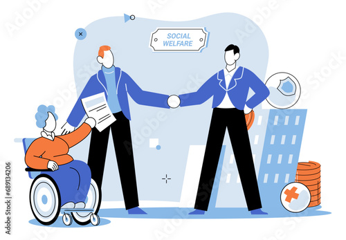 Social welfare. Vector illustration. The social welfare concept emphasizes collective responsibility to support less fortunate Security is fundamental aspect social welfare, ensuring well-being
