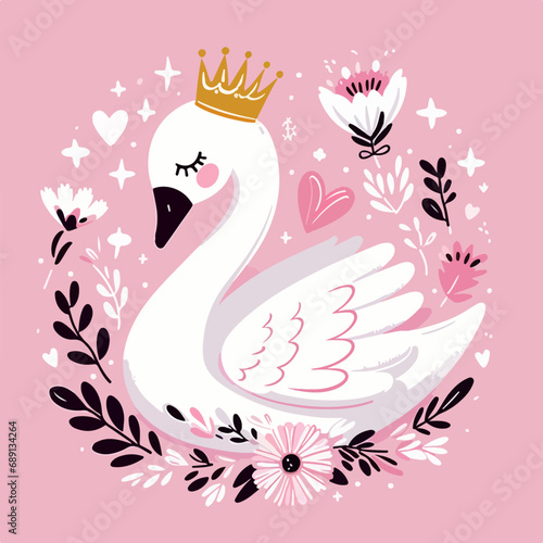 valentine swan princess with crown vector illustration