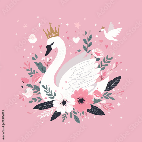 valentine swan princess with crown vector illustration