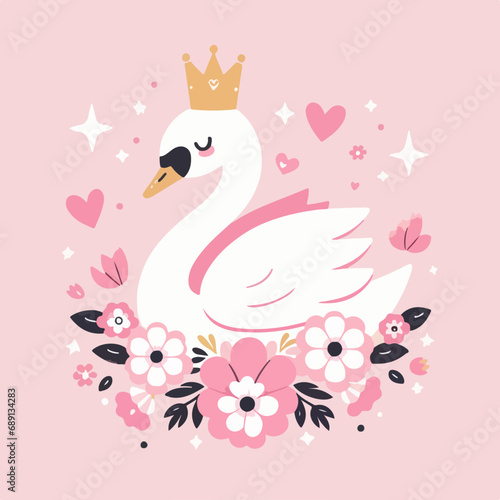valentine swan princess with crown vector illustration