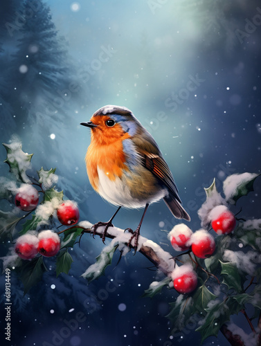 colorful Christmas robin themed background with bird created with Generative Ai © Andrii Yablonskyi