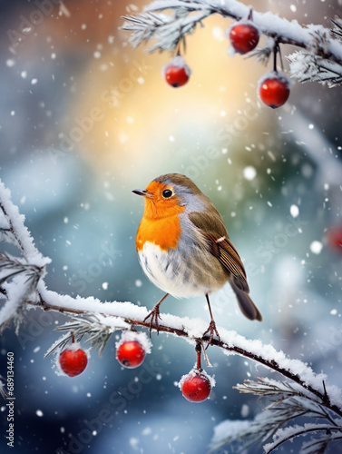 colorful Christmas robin themed background with bird created with Generative Ai © Andrii Yablonskyi
