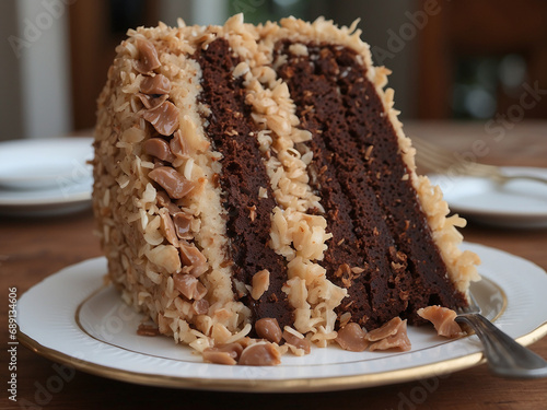 Slice of german chocolate cake closeup