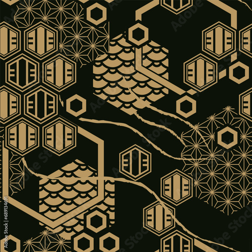 Fotografija traditional Japanese hexagon pattern oriental style with waves texture in black and gold