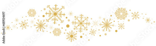 Wave golden snowflake swirl winter snow border ice decoration isolated on white background. Holiday crystal curve shape design, magic ornament