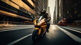 Motorcyclist Speeding Through Urban Cityscape. Generative ai