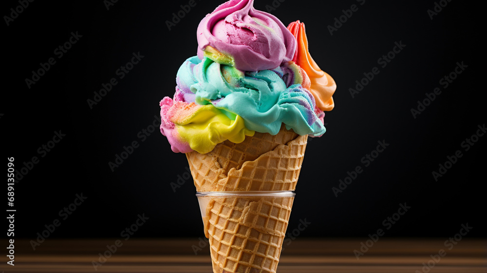 Closeup Ice cream Rainbow colorful scoop in waffle cone on black background