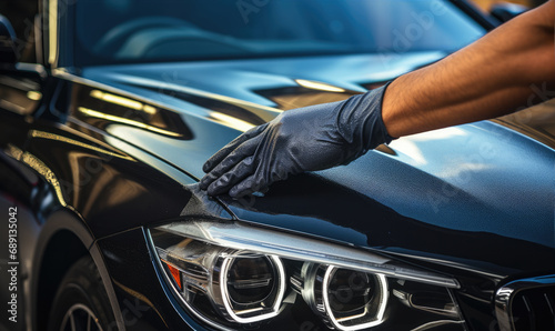 A man cleaning or polish luxury car with microfiber cloth, Car clean concept. © Daniela