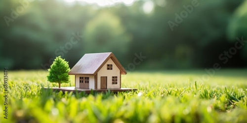 Eco-Friendly House Model on Lush Green Lawn. Generative ai