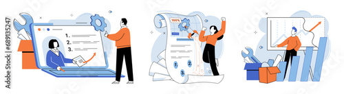 Business development. Vector illustration. Business Concept illustrations simplify complex concepts Men and women actively engage in various business activities Collaboration within diverse groups