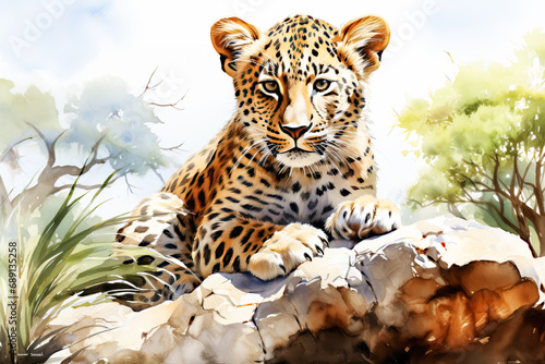Watercolor Cute African Leopard Cub in Savannah Painting Background