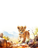 Watercolor Cute African Lion Cub in Savannah Painting Background with Copy Space