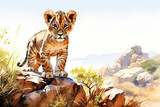 Watercolor Cute African Lion Cub in Savannah Painting Background