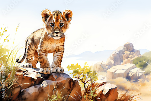 Watercolor Cute African Lion Cub in Savannah Painting Background