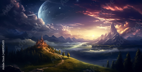 otherworldly landscape twilight stars in the sky, landscape with mountains and clouds