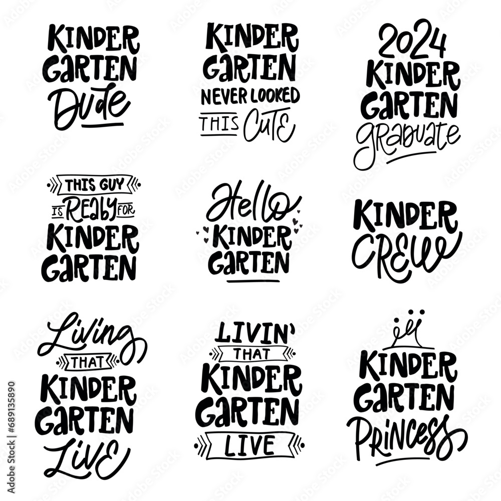 Fototapeta premium Set KINDERGARTEN handwriting phrase, for stickers for kindergarten