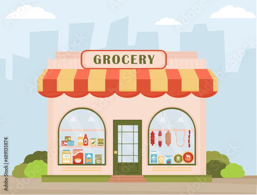 Fototapeta Naklejka Na Ścianę i Meble -  Grocery shop. Facade of a store. Grocery building facade on the street. Showcases with milk, cheese, sausage, canned food, cereal. . Flat vector illustration.