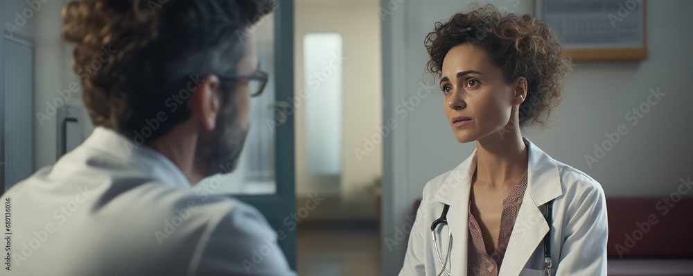 Fototapeta premium Doctor talking to woman patient at hospital clinic.