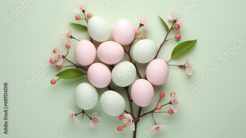 Creative Easter holiday card  invitation or banner. Pastel colored eggs with flowers  spring Easter tradition  copy space.