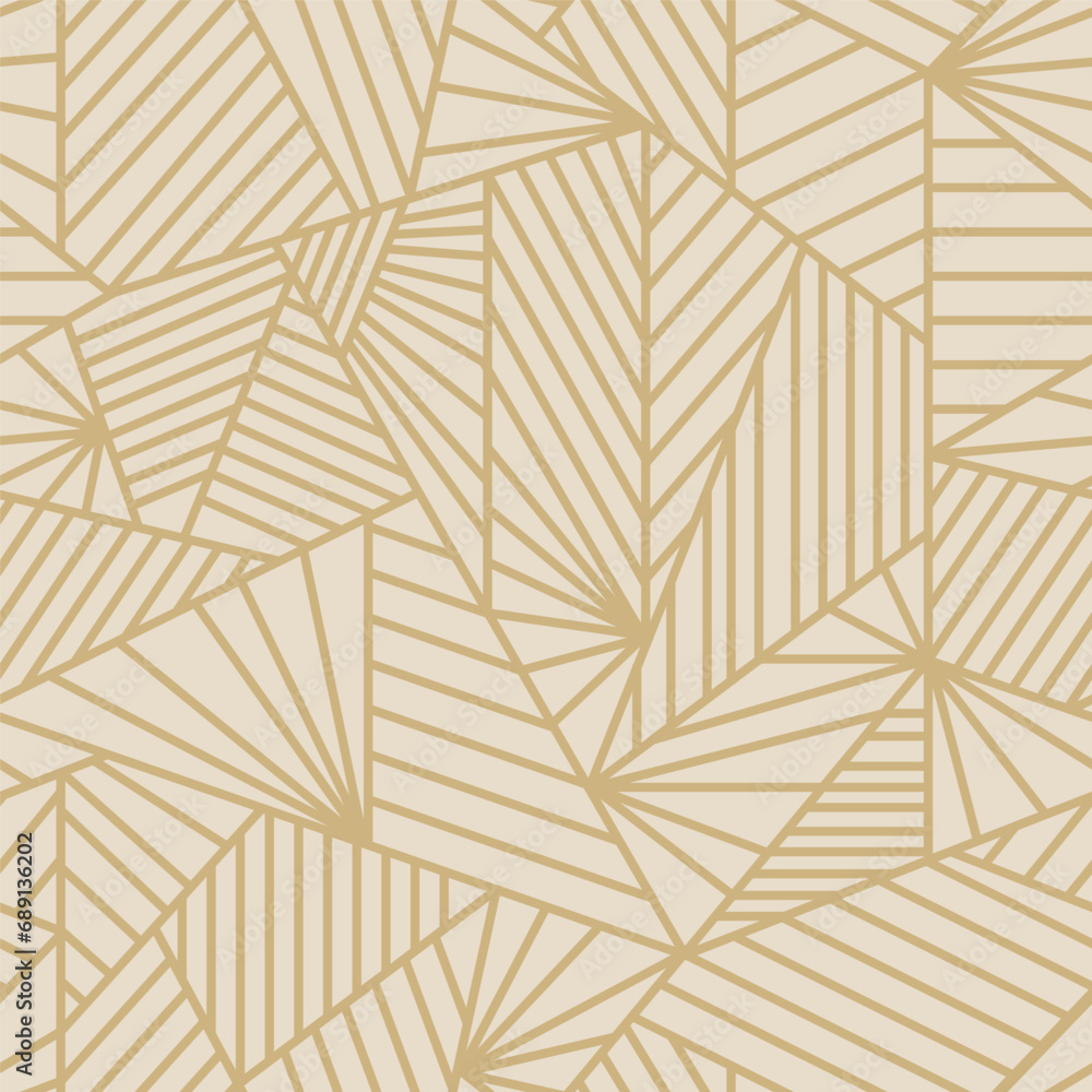 Grid pattern of geometric shapes and stripes in beige color inspired in art deco. Vector seamless pattern design for textile, fashion, paper, packaging, wrapping and branding