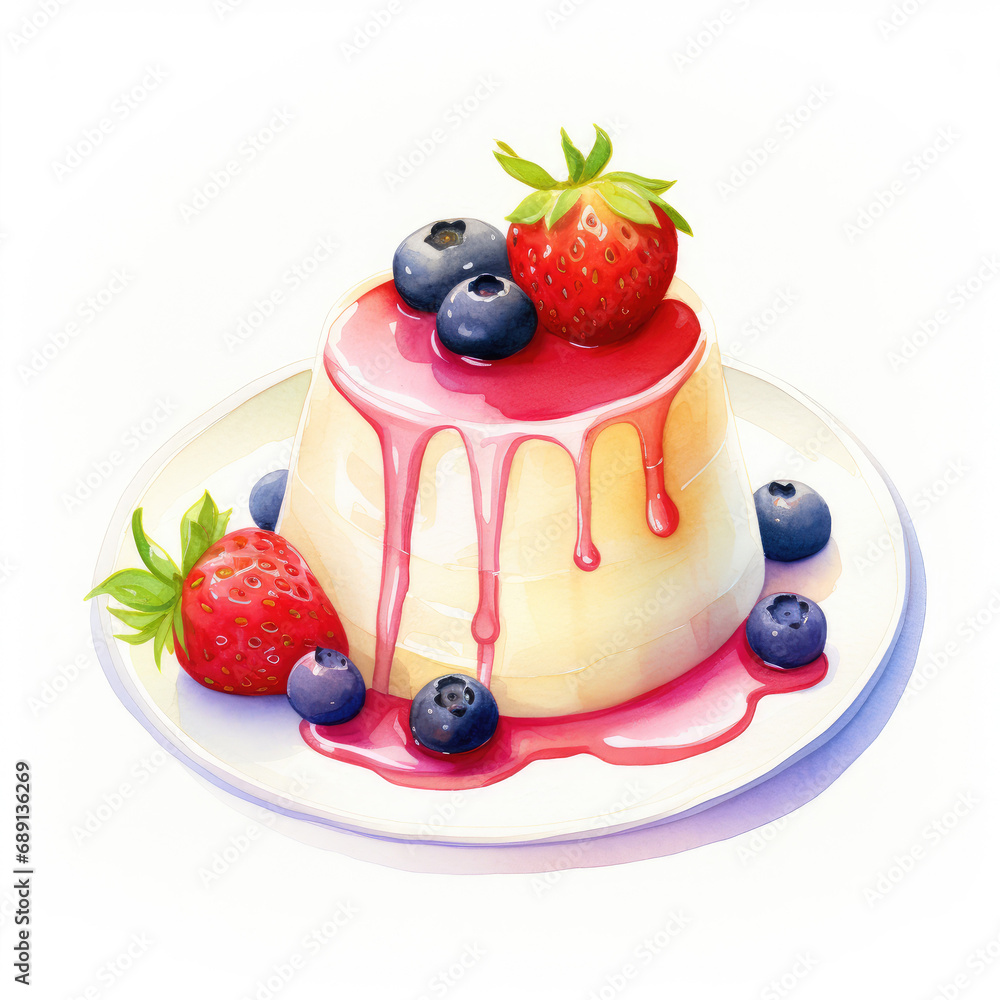 Watercolor pudding dessert. Fruit cake on white background Watercolor pudding dessert. Fruit cake on white background