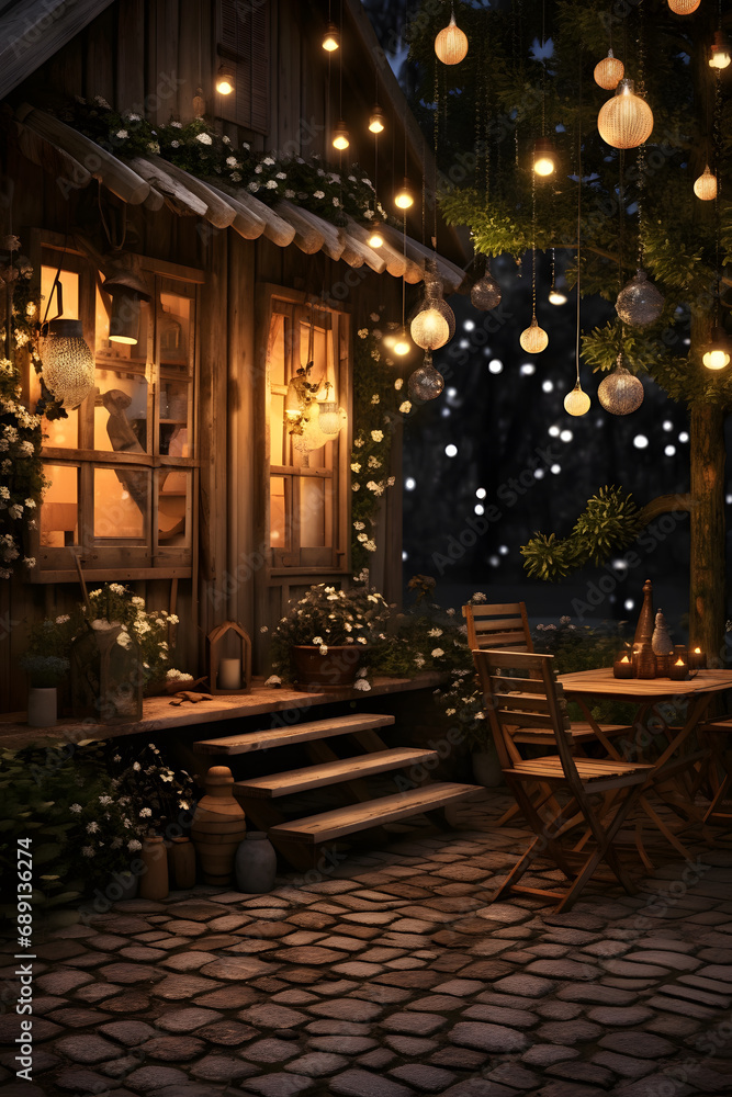 cozy wooden cottage in the evening with Christmas decorations