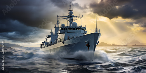 warship in the sea at sunset photo