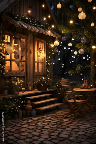cozy wooden cottage in the evening with Christmas decorations
